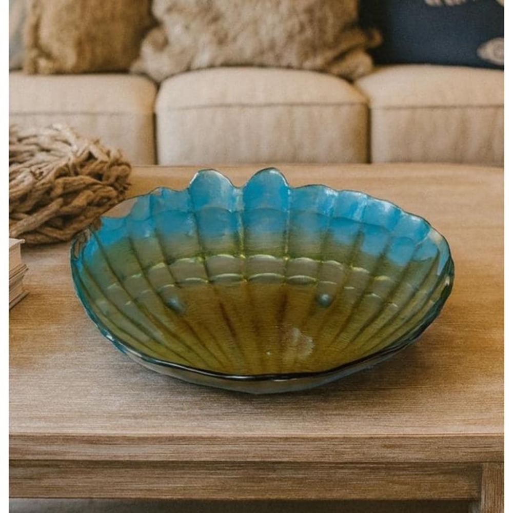 Vintage Shell Plate Blue Gold Coastal Decor Nautical Wall Accent